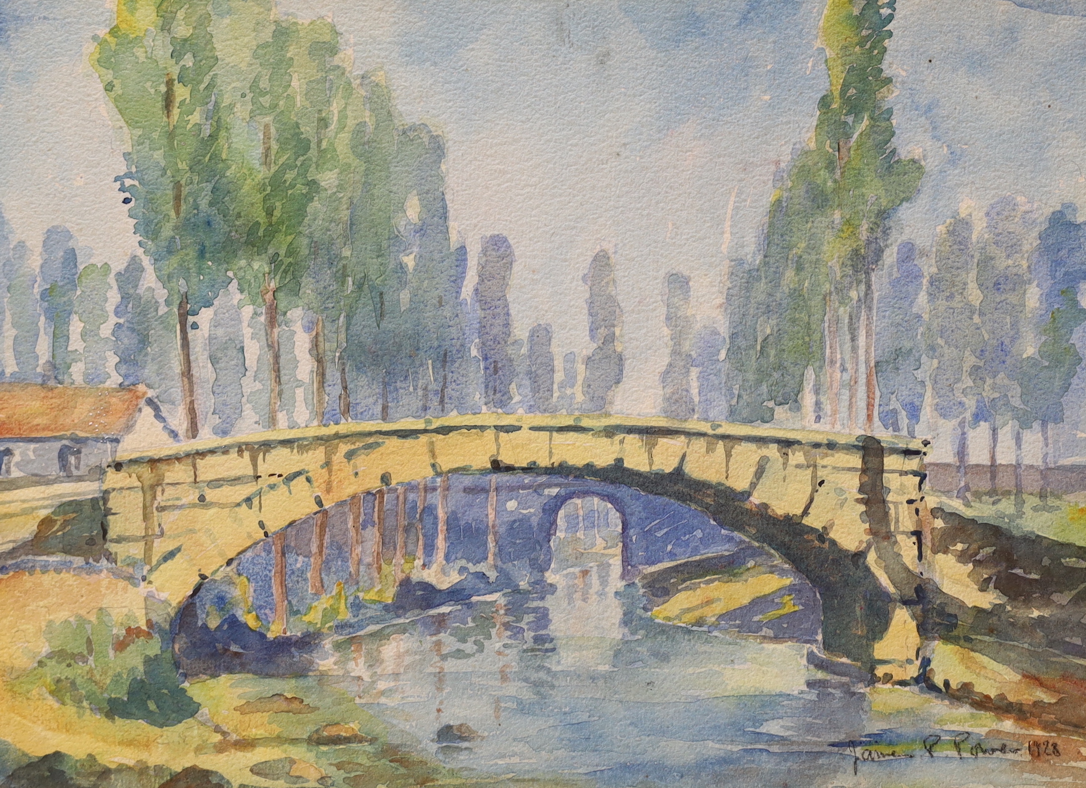 James P. Power (fl.1924 - 1938), watercolour, Bridge in parkland, signed and dated 1928, 25 x 35cm, unframed